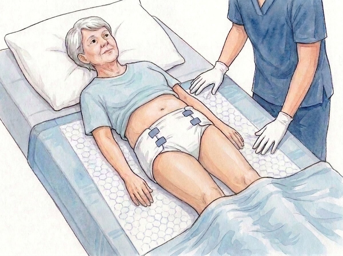 1. Traversa Mati sul lenzuolo, a tutta larghezza, lembi rimboccati