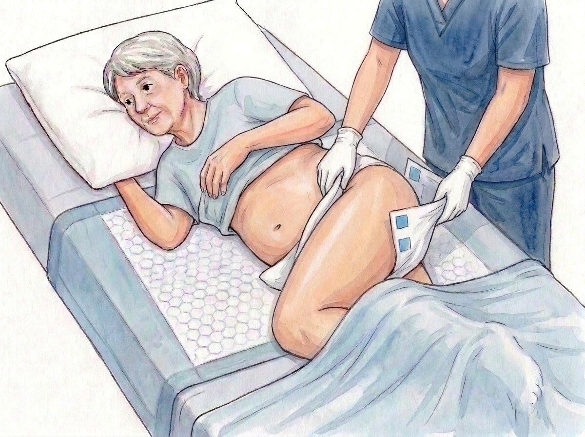6. Nuovo pannolone semiarrotolato: parte posteriore piatta contro la schiena e i glutei, linguette rivolte verso l'alto, la metà arrotolata sotto il fianco